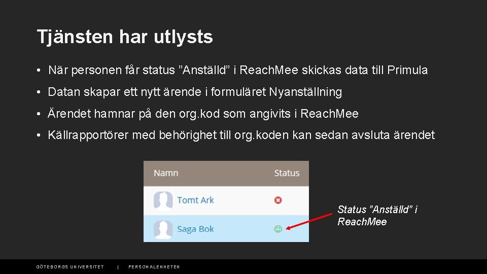 Tjänsten har utlysts • När personen får status ”Anställd” i Reach. Mee skickas data