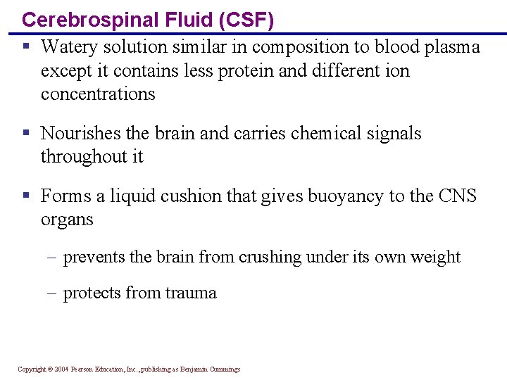 Cerebrospinal Fluid (CSF) § Watery solution similar in composition to blood plasma except it