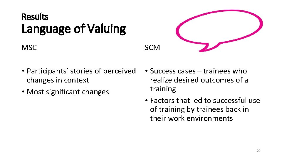 Results Language of Valuing MSC SCM • Participants’ stories of perceived changes in context