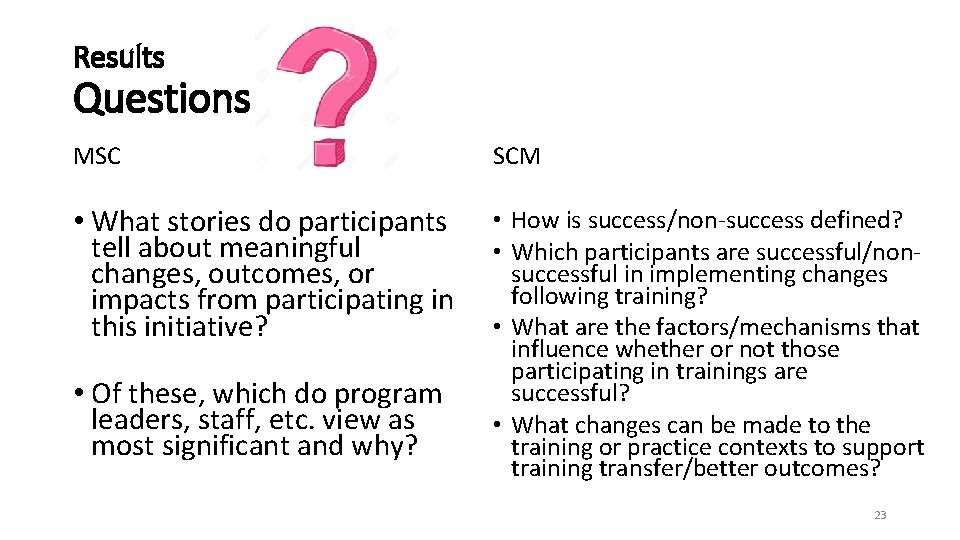 Results Questions MSC SCM • What stories do participants tell about meaningful changes, outcomes,