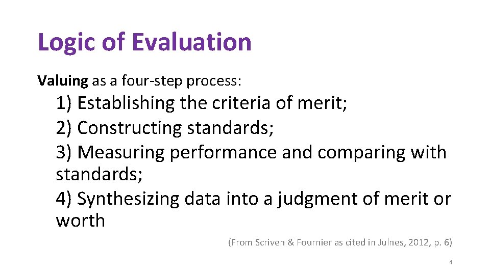 Logic of Evaluation Valuing as a four-step process: 1) Establishing the criteria of merit;