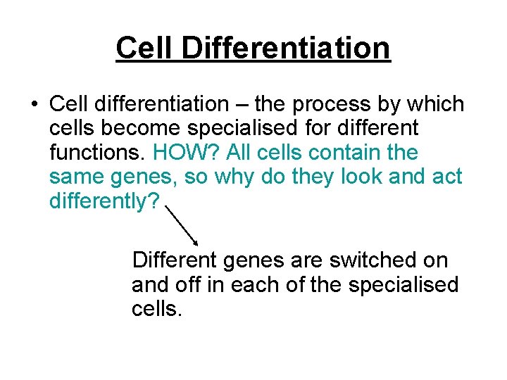 Cell Differentiation • Cell differentiation – the process by which cells become specialised for