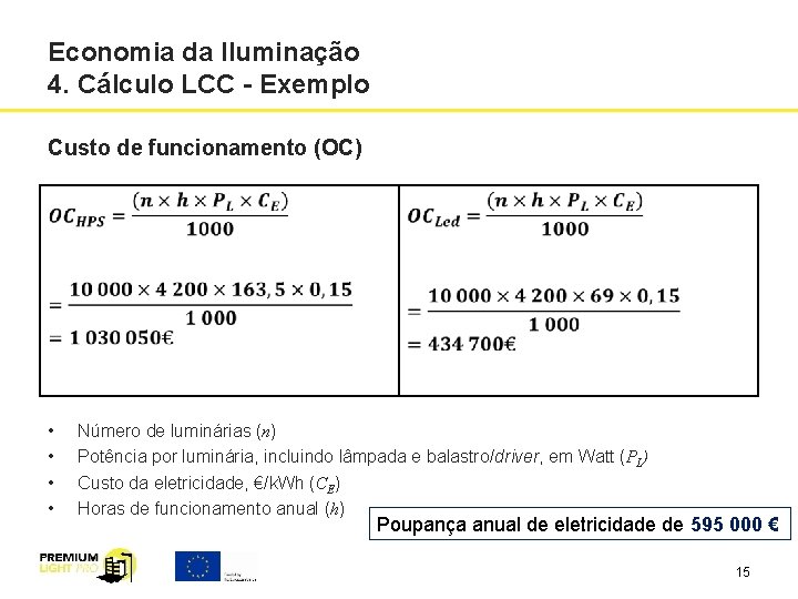 Economia da Iluminação 4. Cálculo LCC - Exemplo Custo de funcionamento (OC) • •