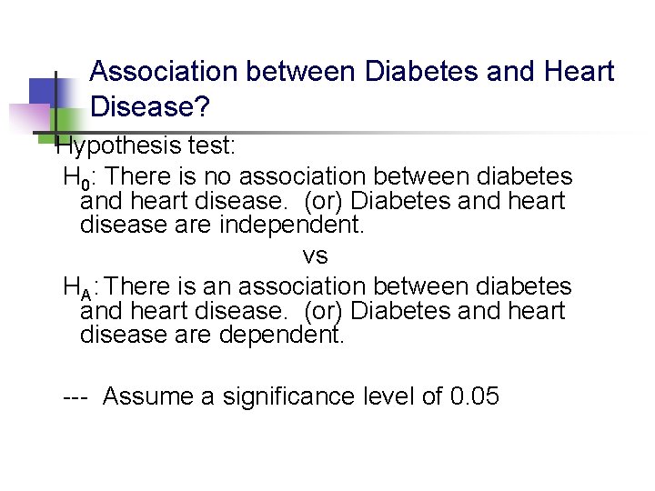 Association between Diabetes and Heart Disease? Hypothesis test: H 0: There is no association Association between Diabetes and Heart Disease? Hypothesis test: H 0: There is no association