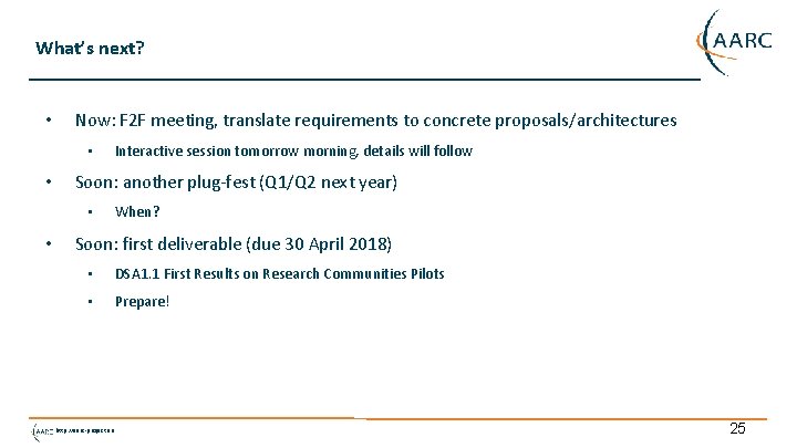 What’s next? • Now: F 2 F meeting, translate requirements to concrete proposals/architectures •