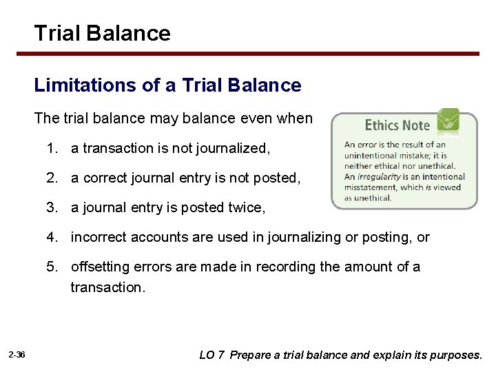 Trial Balance Limitations of a Trial Balance The trial balance may balance even when