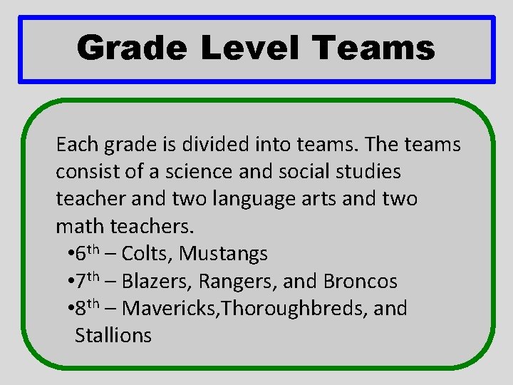 Grade Level Teams Each grade is divided into teams. The teams consist of a Grade Level Teams Each grade is divided into teams. The teams consist of a