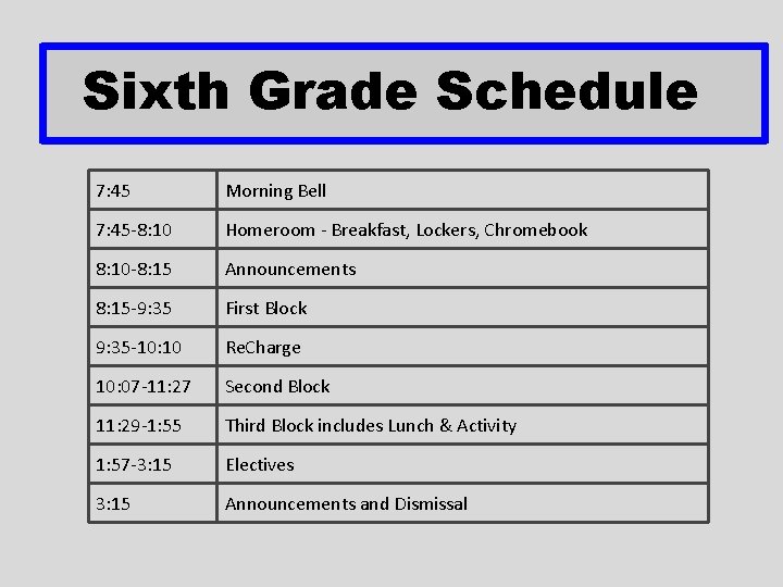 Sixth Grade Schedule 7: 45 Morning Bell 7: 45 -8: 10 Homeroom - Breakfast, Sixth Grade Schedule 7: 45 Morning Bell 7: 45 -8: 10 Homeroom - Breakfast,