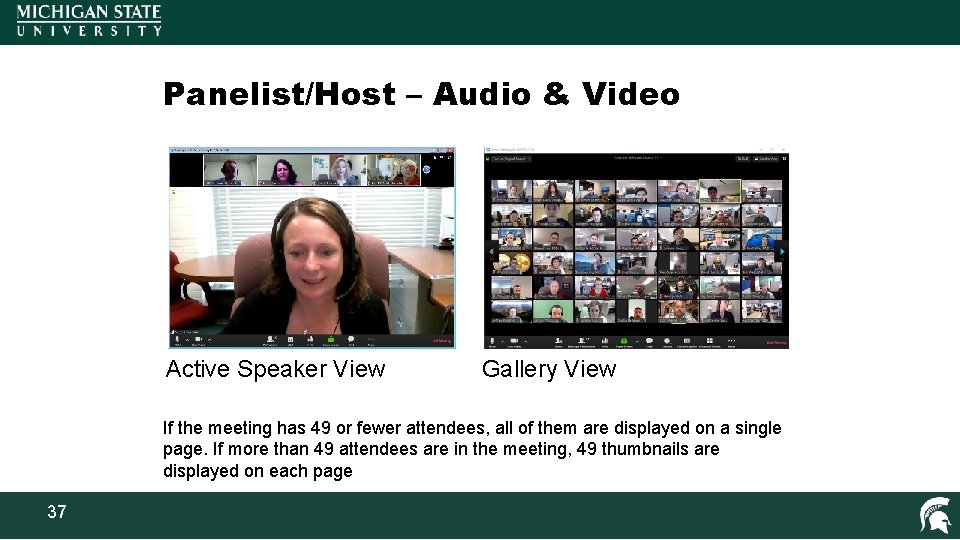 Panelist/Host – Audio & Video Active Speaker View Gallery View If the meeting has