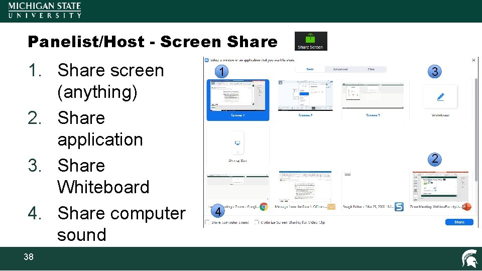 Panelist/Host - Screen Share 1. Share screen (anything) 2. Share application 3. Share Whiteboard