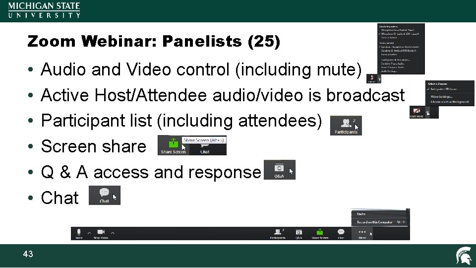 Zoom Webinar: Panelists (25) • • • 43 Audio and Video control (including mute)