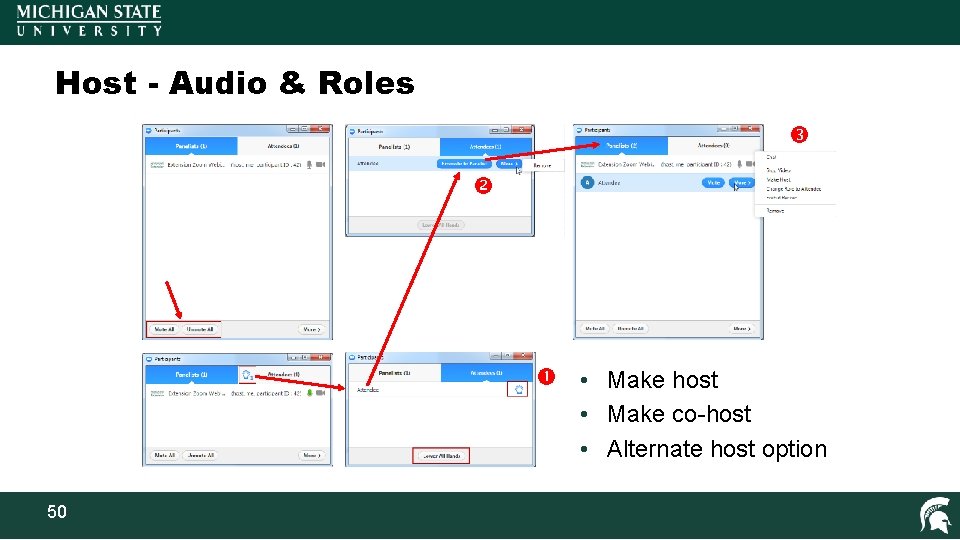 Host - Audio & Roles • Make host • Make co-host • Alternate host
