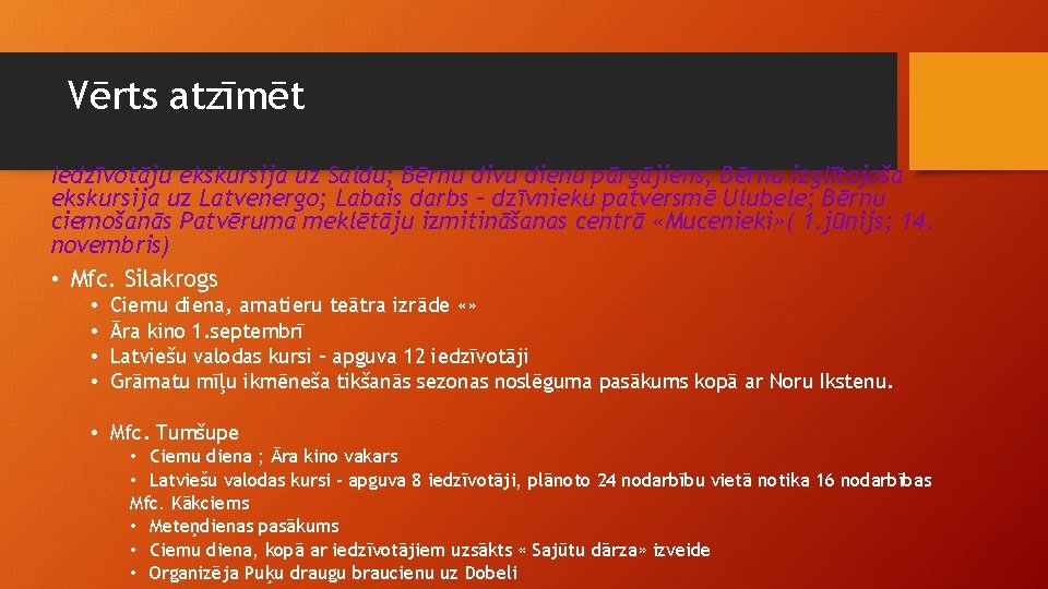 Vērts atzīmēt Iedzīvotāju ekskursija uz Saldu; Bērnu divu dienu pārgājiens; Bērnu izglītojoša ekskursija uz