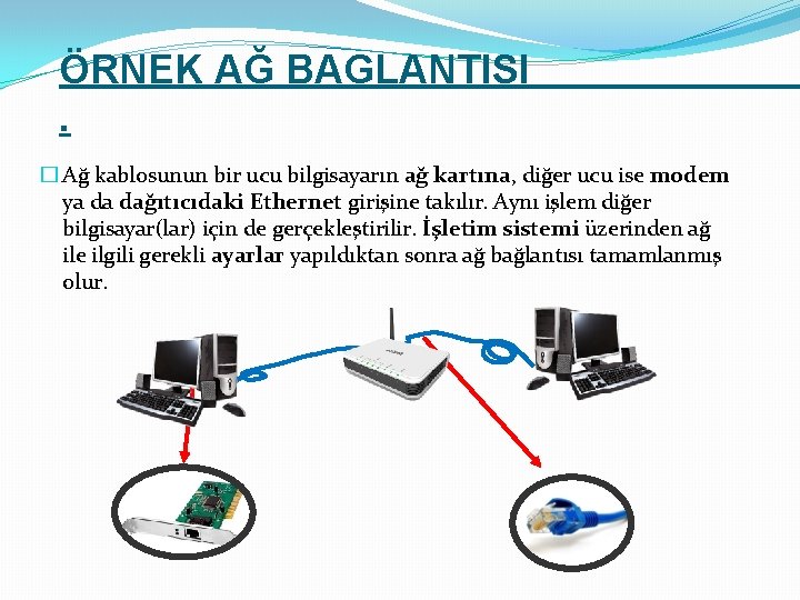 ÖRNEK AĞ BAGLANTISI. � Ağ kablosunun bir ucu bilgisayarın ağ kartına, diğer ucu ise