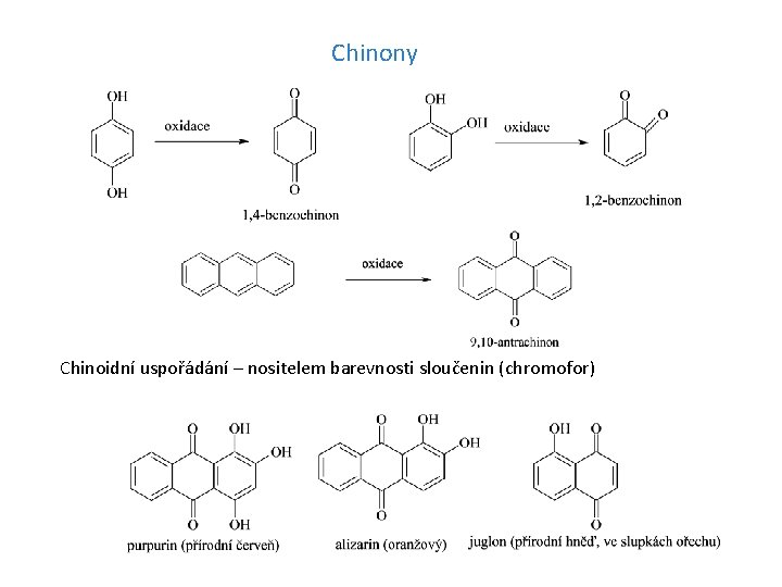 Chinony Chinoidní uspořádání – nositelem barevnosti sloučenin (chromofor) 