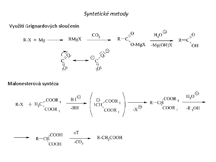 Syntetické metody Využití Grignardových sloučenin Malonesterová syntéza 
