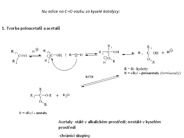 Nu adice na C=O vazbu za kyselé katalýzy: 1. Tvorba poloacetalů a acetalů Acetaly-