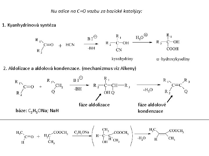 Nu adice na C=O vazbu za bazické katalýzy: 1. Kyanhydrinová syntéza 2. Aldolizace a