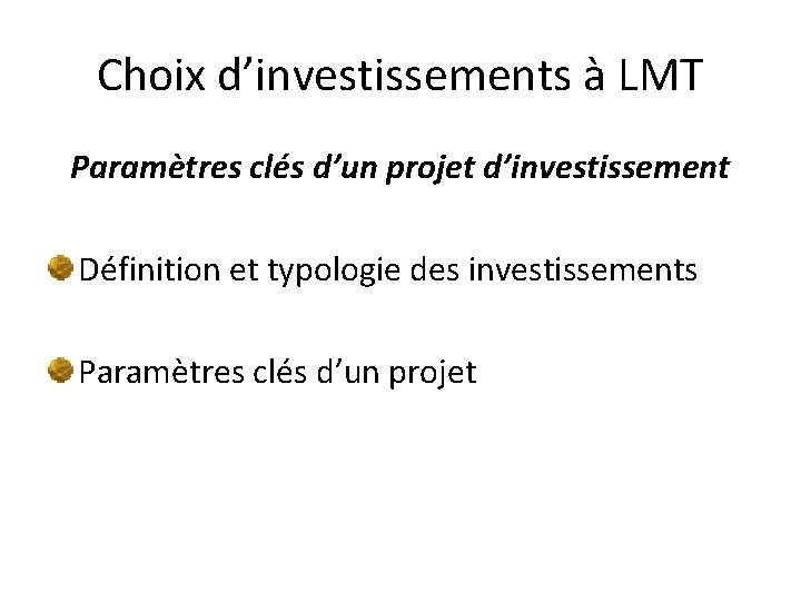 Choix d’investissements à LMT Paramètres clés d’un projet d’investissement Définition et typologie des investissements