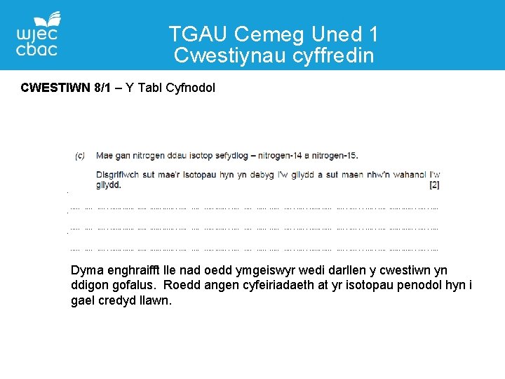 TGAU Cemeg Uned 1 Cwestiynau cyffredin Manylion Cyswllt CWESTIWN 8/1 – Y Tabl Cyfnodol