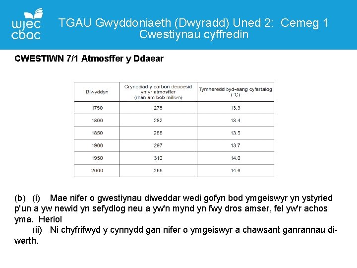 TGAU Gwyddoniaeth (Dwyradd) Uned 2: Cemeg 1 Cwestiynau cyffredin CWESTIWN 7/1 Atmosffer y Ddaear