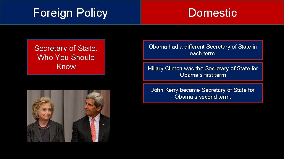 Foreign Policy Secretary of State: Who You Should Know Domestic Obama had a different