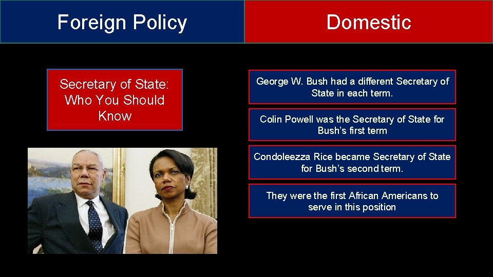 Foreign Policy Secretary of State: Who You Should Know Domestic George W. Bush had