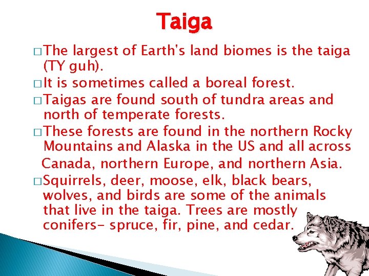 Taiga � The largest of Earth's land biomes is the taiga (TY guh). �