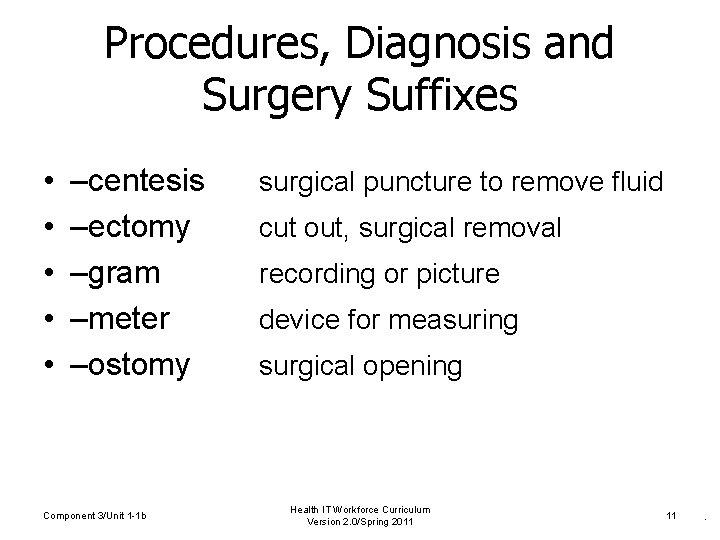 Procedures, Diagnosis and Surgery Suffixes • • • –centesis –ectomy –gram –meter –ostomy Component