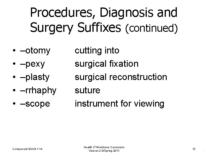 Procedures, Diagnosis and Surgery Suffixes (continued) • • • –otomy –pexy –plasty –rrhaphy –scope
