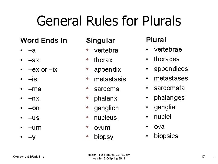 General Rules for Plurals Word Ends In Singular Plural • • • • •