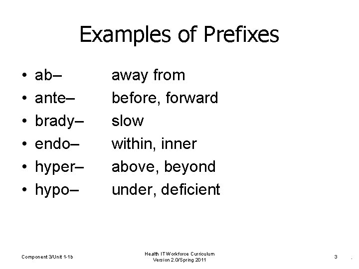 Examples of Prefixes • • • ab– ante– brady– endo– hyper– hypo– Component 3/Unit