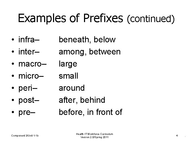 Examples of Prefixes (continued) • • infra– inter– macro– micro– peri– post– pre– Component