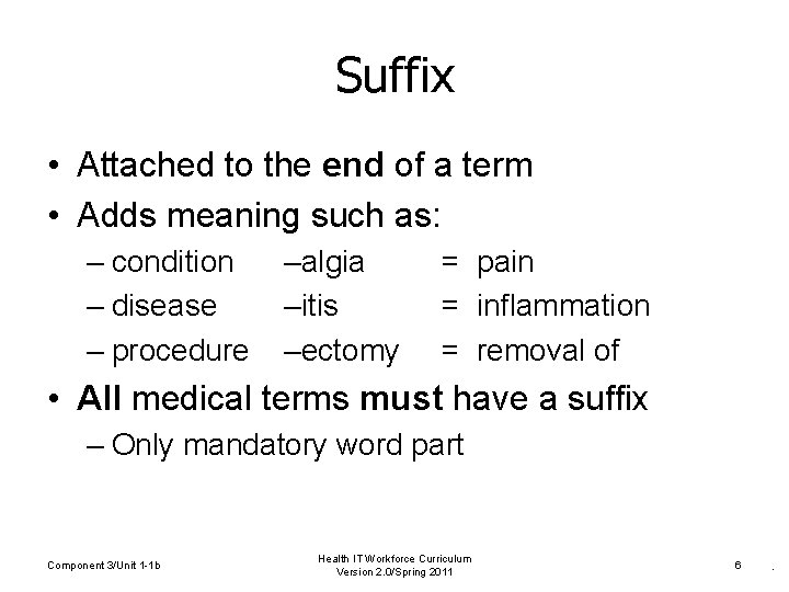 Suffix • Attached to the end of a term • Adds meaning such as: