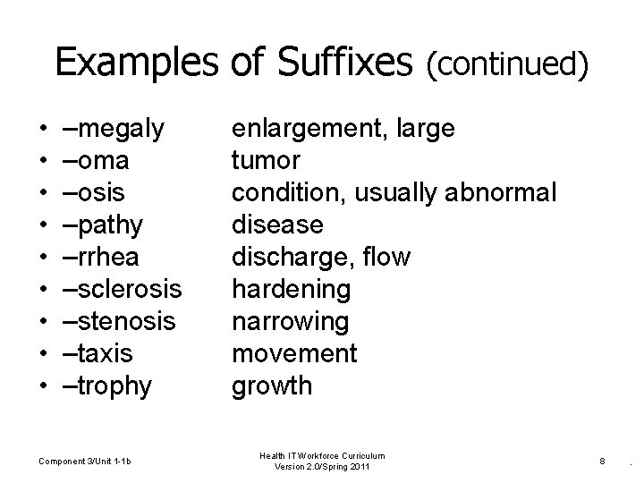 Examples of Suffixes (continued) • • • –megaly –oma –osis –pathy –rrhea –sclerosis –stenosis