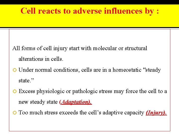 Cell reacts to adverse influences by : All forms of cell injury start with