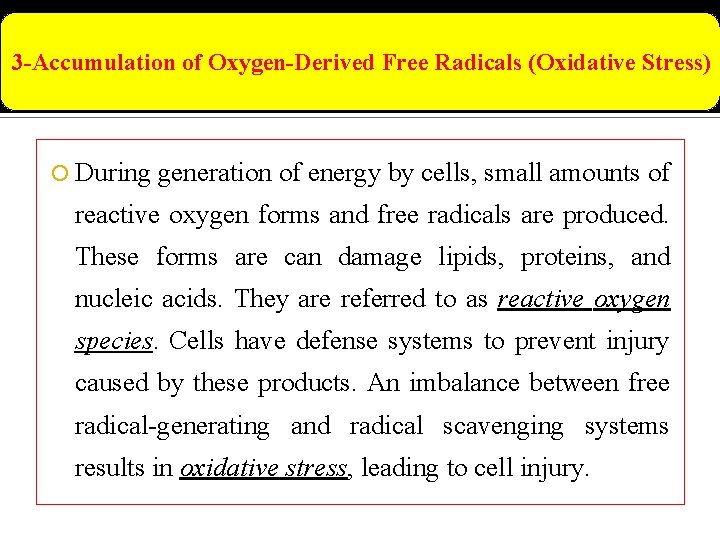 3 -Accumulation of Oxygen-Derived Free Radicals (Oxidative Stress) During generation of energy by cells,