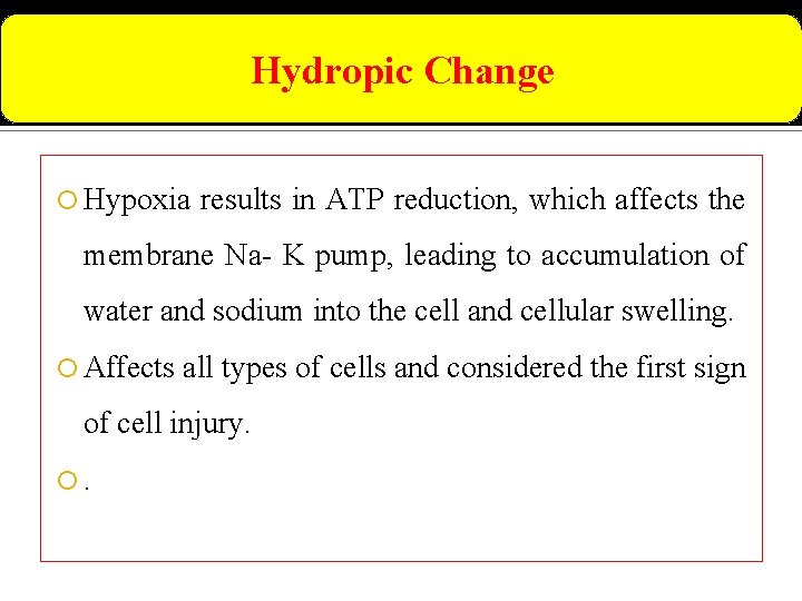 Hydropic Change Hypoxia results in ATP reduction, which affects the membrane Na- K pump,