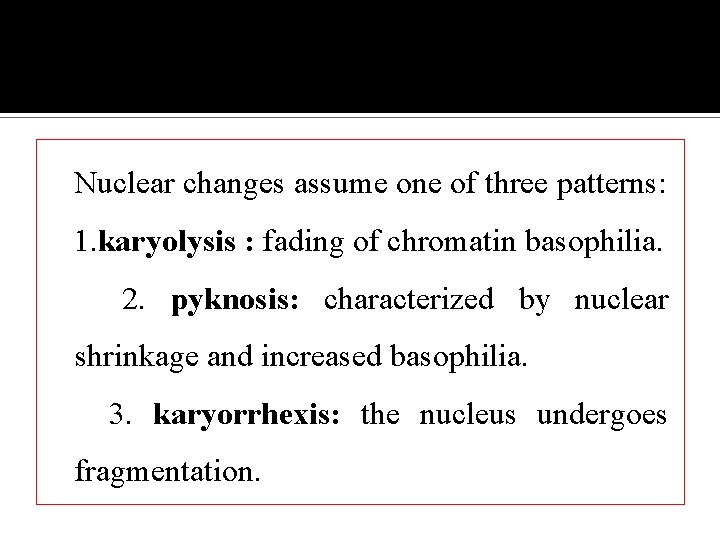 Nuclear changes assume one of three patterns: 1. karyolysis : fading of chromatin basophilia.