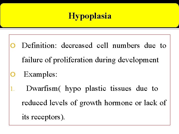 Hypoplasia Definition: decreased cell numbers due to failure of proliferation during development 1. Examples: