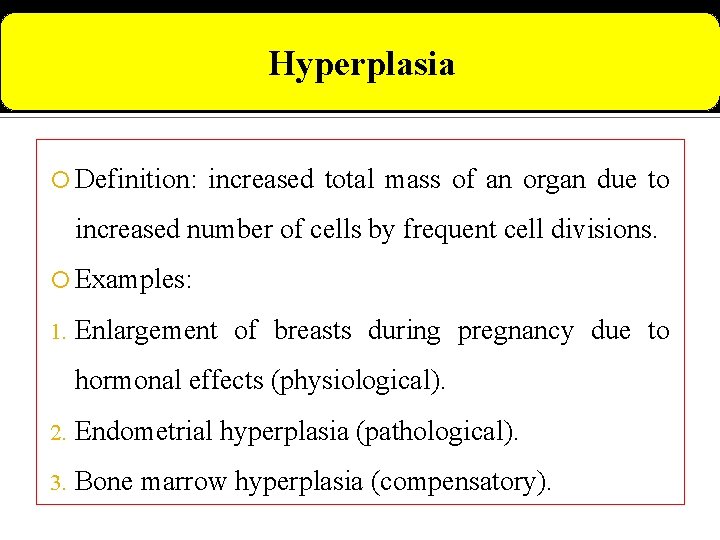 Hyperplasia Definition: increased total mass of an organ due to increased number of cells