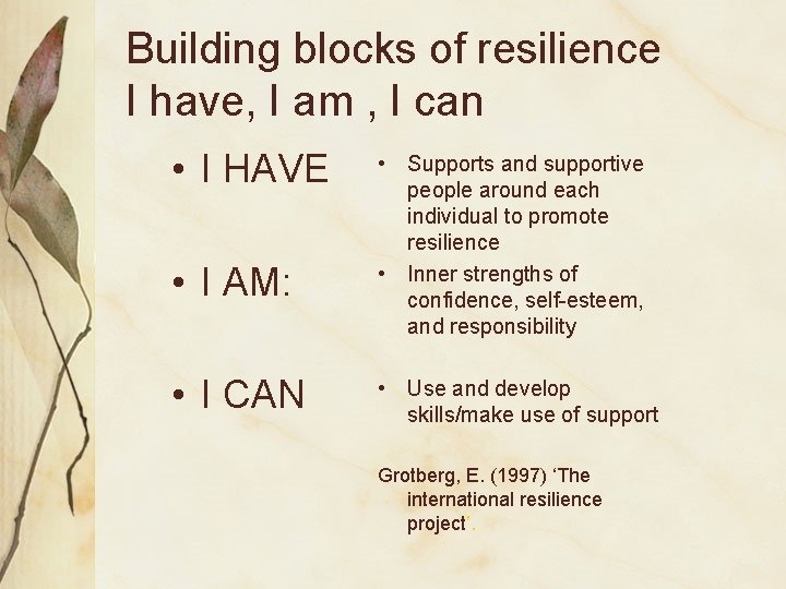 Building blocks of resilience I have, I am , I can • I HAVE