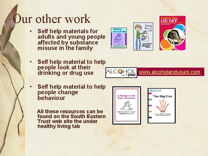 Our other work • Self help materials for adults and young people affected by