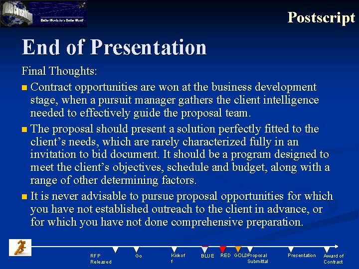 Postscript End of Presentation Final Thoughts: n Contract opportunities are won at the business