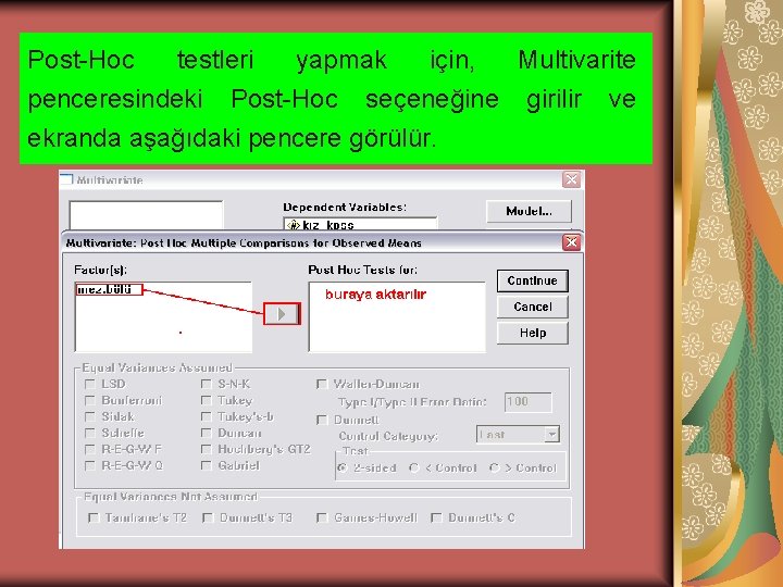 Post-Hoc testleri yapmak için, Multivarite penceresindeki Post-Hoc seçeneğine girilir ve ekranda aşağıdaki pencere görülür.