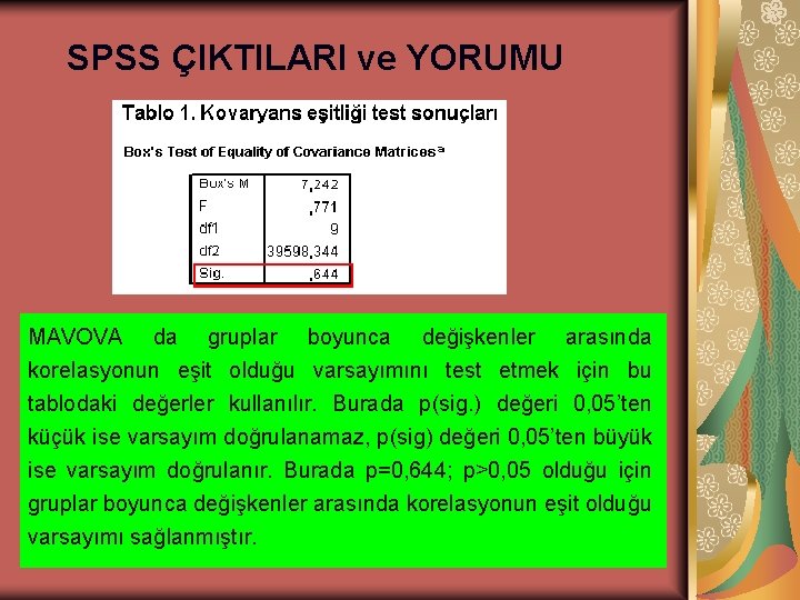 SPSS ÇIKTILARI ve YORUMU MAVOVA da gruplar boyunca değişkenler arasında korelasyonun eşit olduğu varsayımını