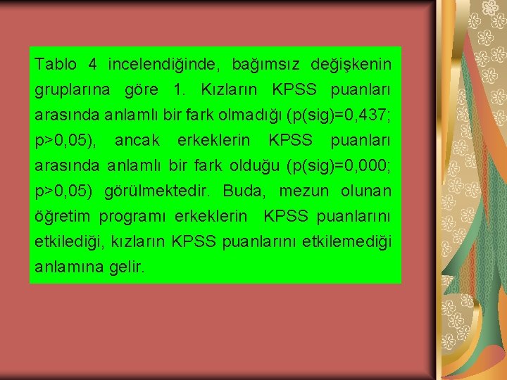 Tablo 4 incelendiğinde, bağımsız değişkenin gruplarına göre 1. Kızların KPSS puanları arasında anlamlı bir