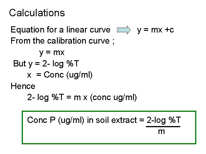 Calculations Equation for a linear curve y = mx +c From the calibration curve