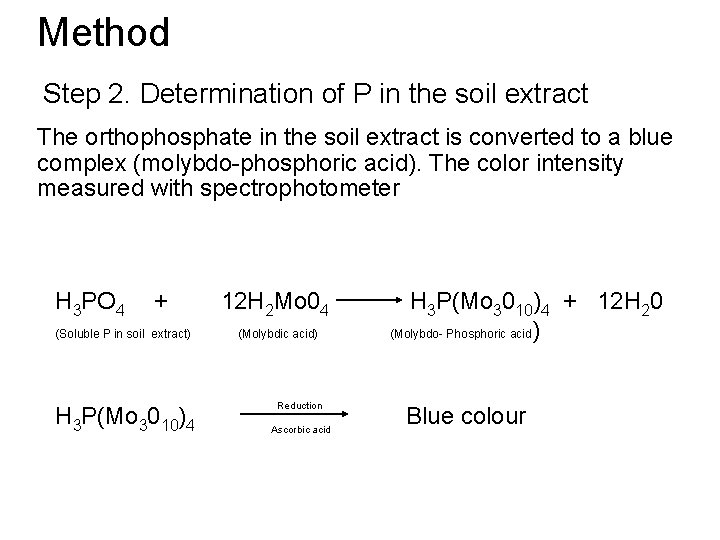 Method Step 2. Determination of P in the soil extract The orthophosphate in the