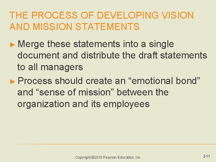 THE PROCESS OF DEVELOPING VISION AND MISSION STATEMENTS ► Merge these statements into a